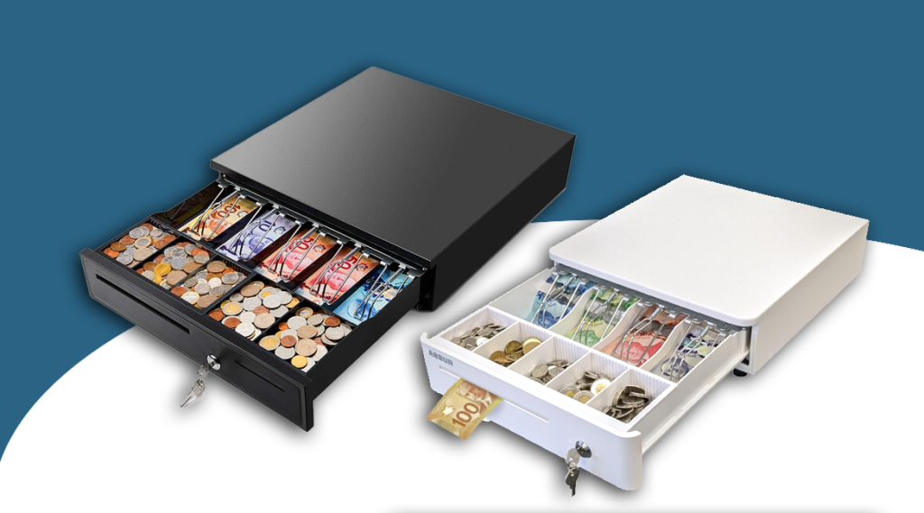 Cash drawers for Pharmacy POS systems in black and white with secure compartments for bills and coins.