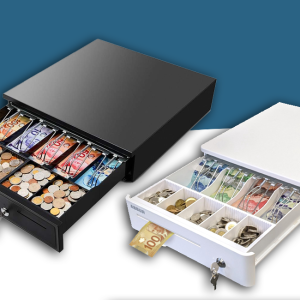 Cash drawers for Pharmacy POS systems in black and white with secure compartments for bills and coins.