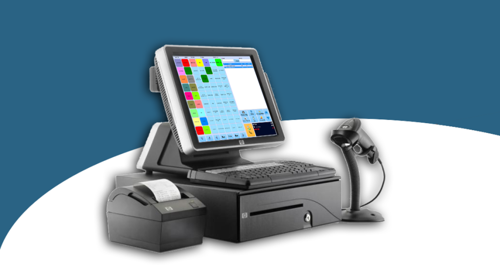 Complete Pharmacy POS system setup with monitor, barcode scanner, receipt printer, and cash drawer.