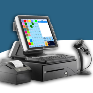 Complete Pharmacy POS system setup with monitor, barcode scanner, receipt printer, and cash drawer.