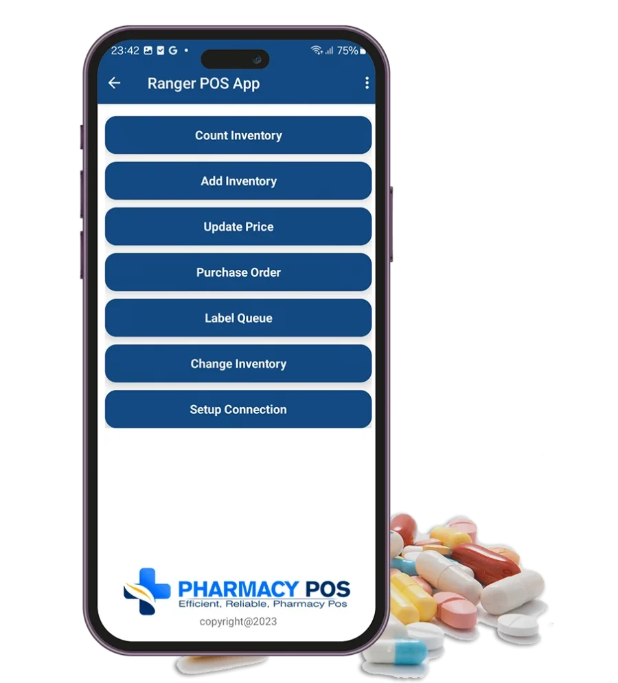 Ranger POS App interface on a mobile device for managing pharmacy inventory, pricing, and orders